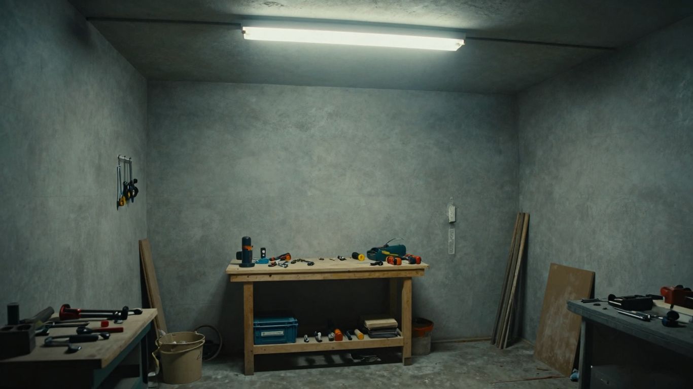 Dimly lit garage interior with tools and workbench.