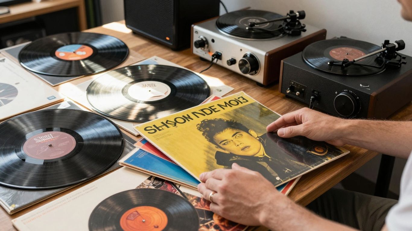 Producer's hands arranging vinyl records and audio equipment.