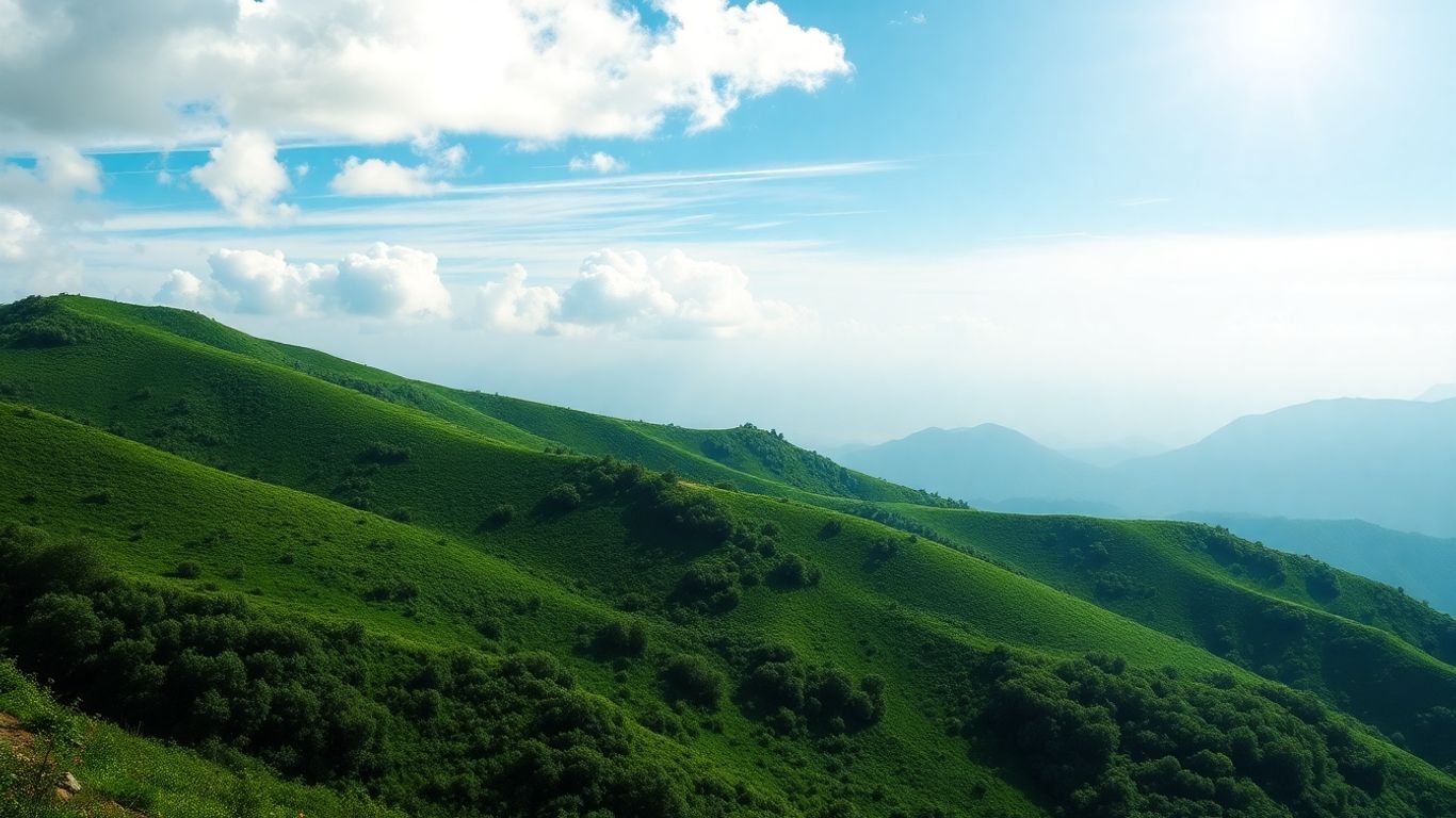 Digital currency landscape with green hills and crypto symbols.