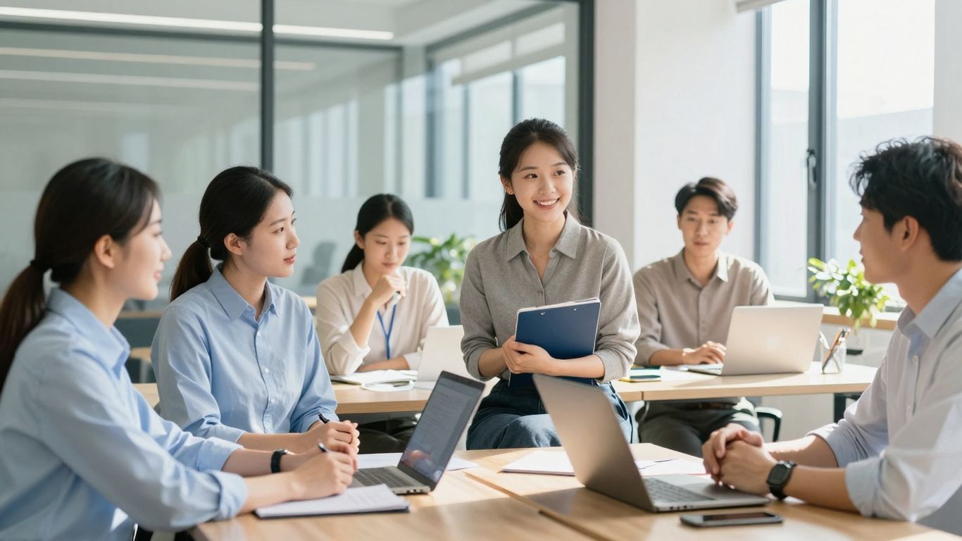 Professionals collaborating in a bright, modern office.