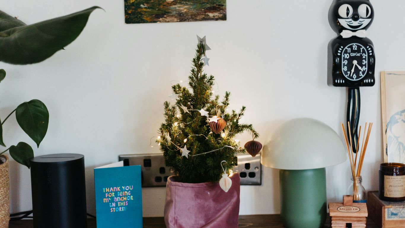 A wooden table topped with a potted plant next to a clock