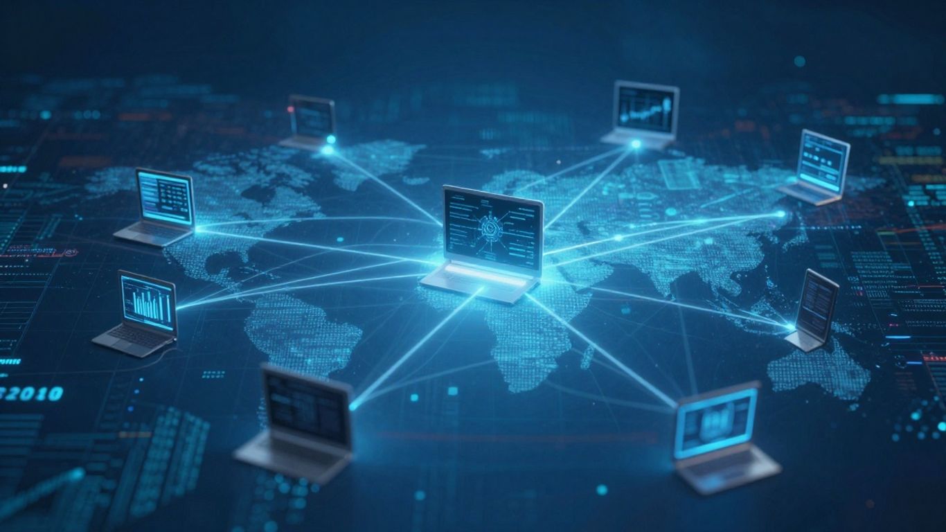 Interconnected digital devices and data streams in a modern landscape.