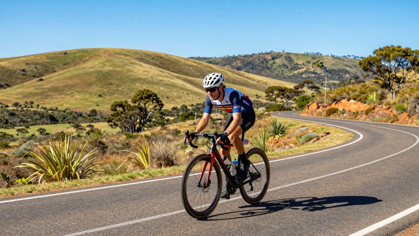 Cyclist racing on a sunny Australian road.
