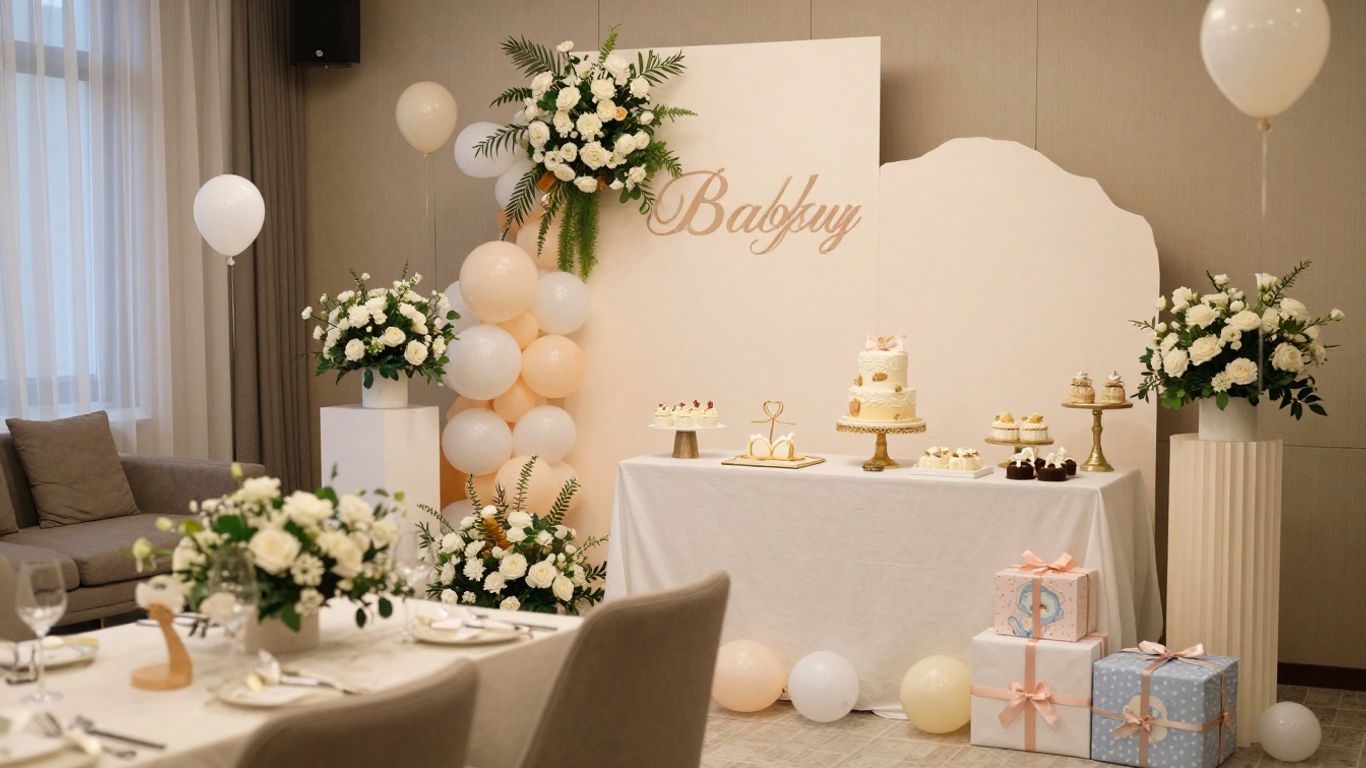 Elegant baby shower venue with decorations and gifts.