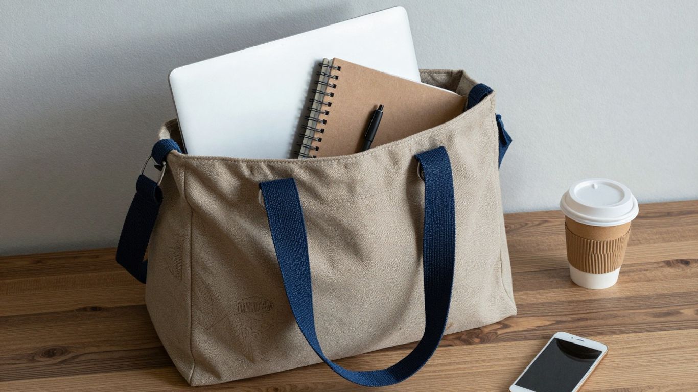 Tote bag mit Laptop und Notizbüchern für die Uni.