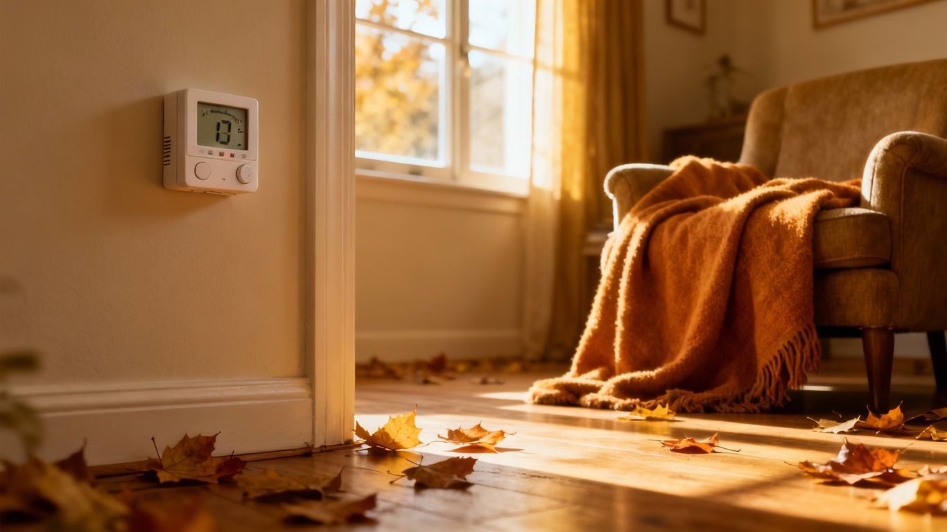 Cozy living room with autumn leaves and thermostat.