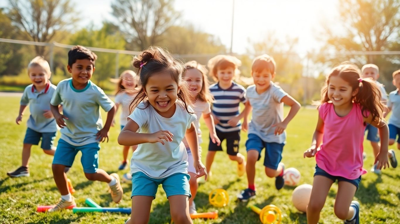 Grundschulkinder spielen begeistert Sport im Freien.