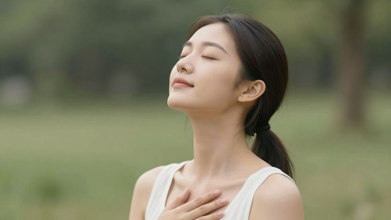 Femeie inspirând profund într-un peisaj natural liniștit.