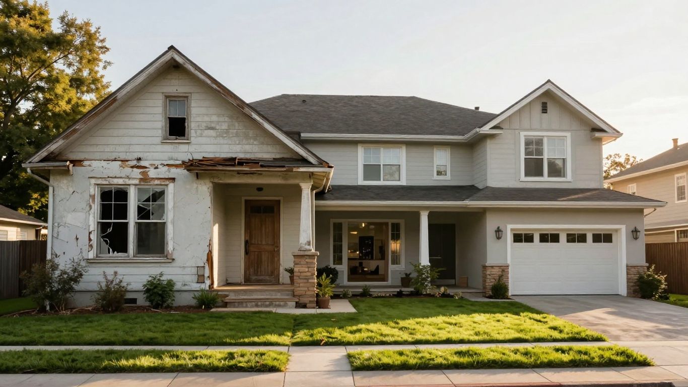 Dilapidated house versus modern home