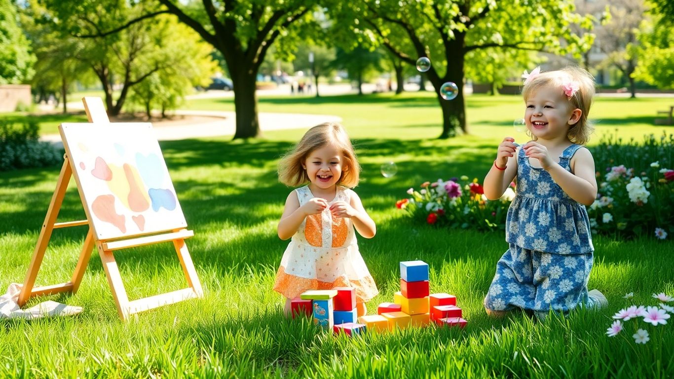 Crianças felizes brincando e pintando em um parque ensolarado.