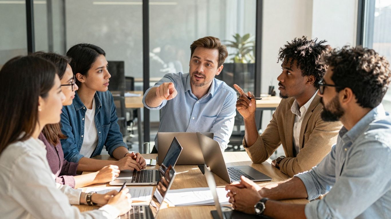 Business professionals collaborating in a bright, modern office.
