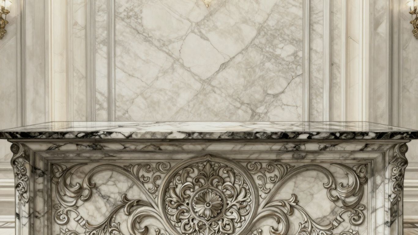 Elegante interior con detalles de mármol Arabescato.