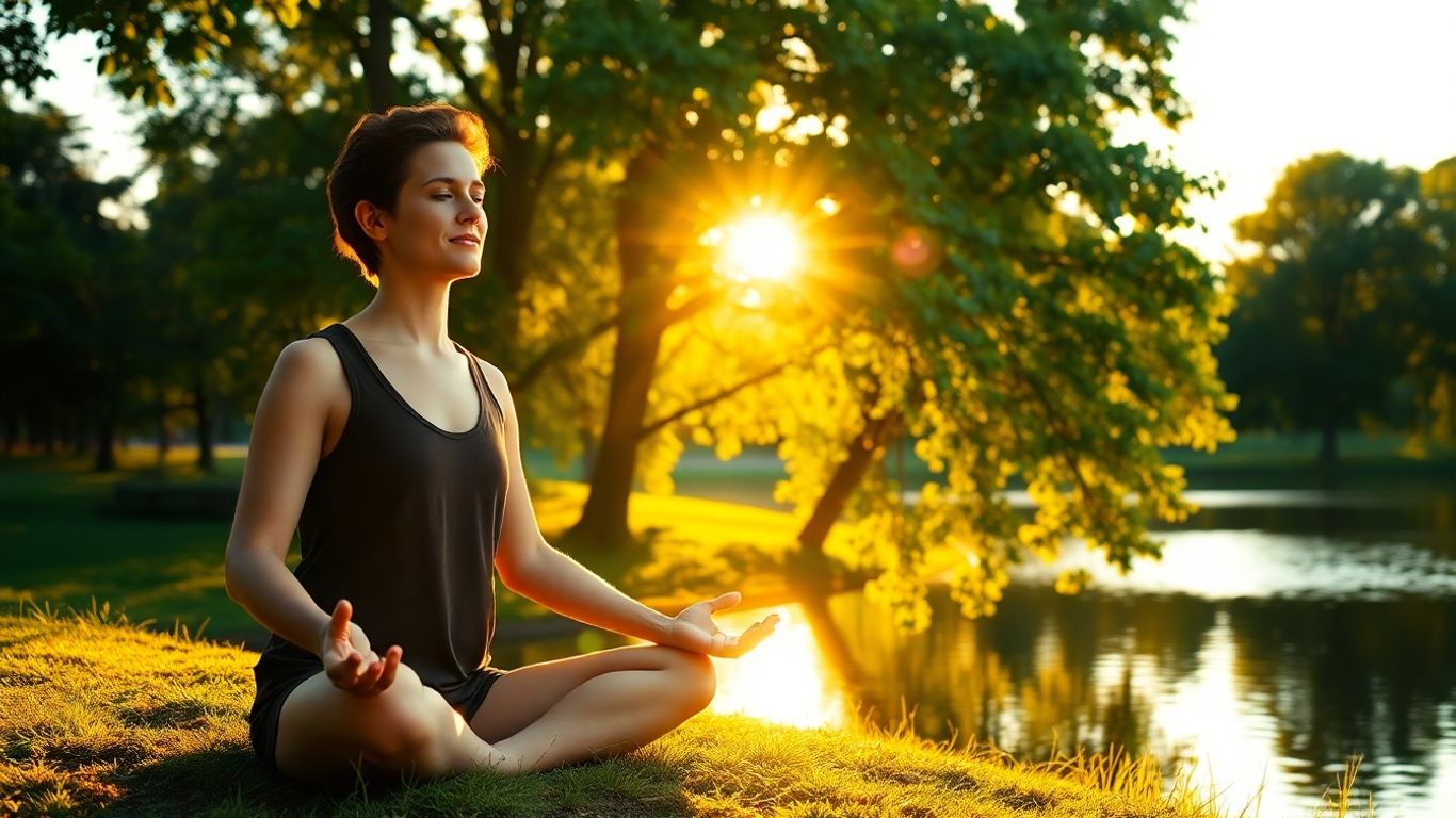 Person meditating peacefully in nature, feeling calm.