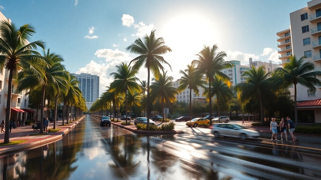 Rainy sunny day in Aventura, Florida with palm trees.
