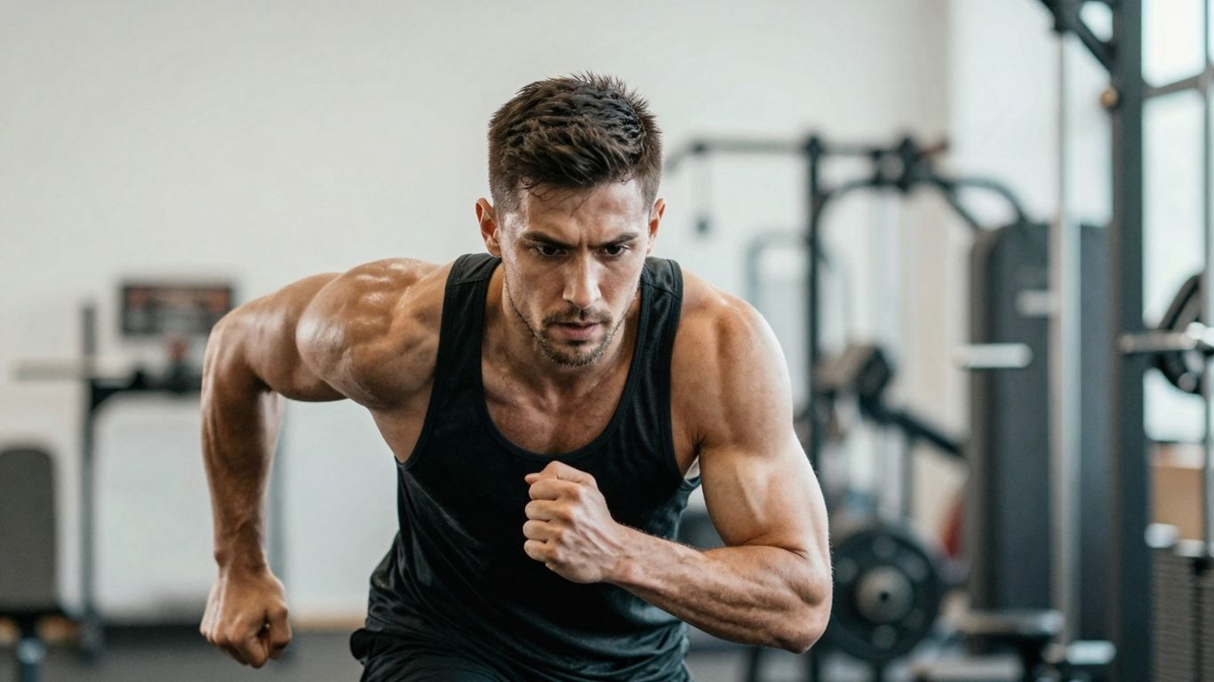 Fit person mid-workout, dynamic lighting, conveying strength.