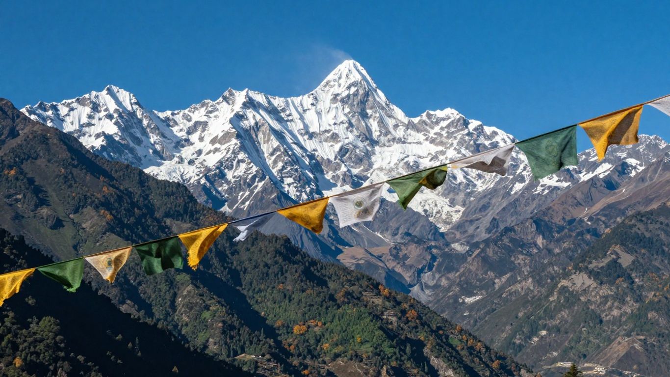 Himalayan mountains in Nepal with prayer flags.