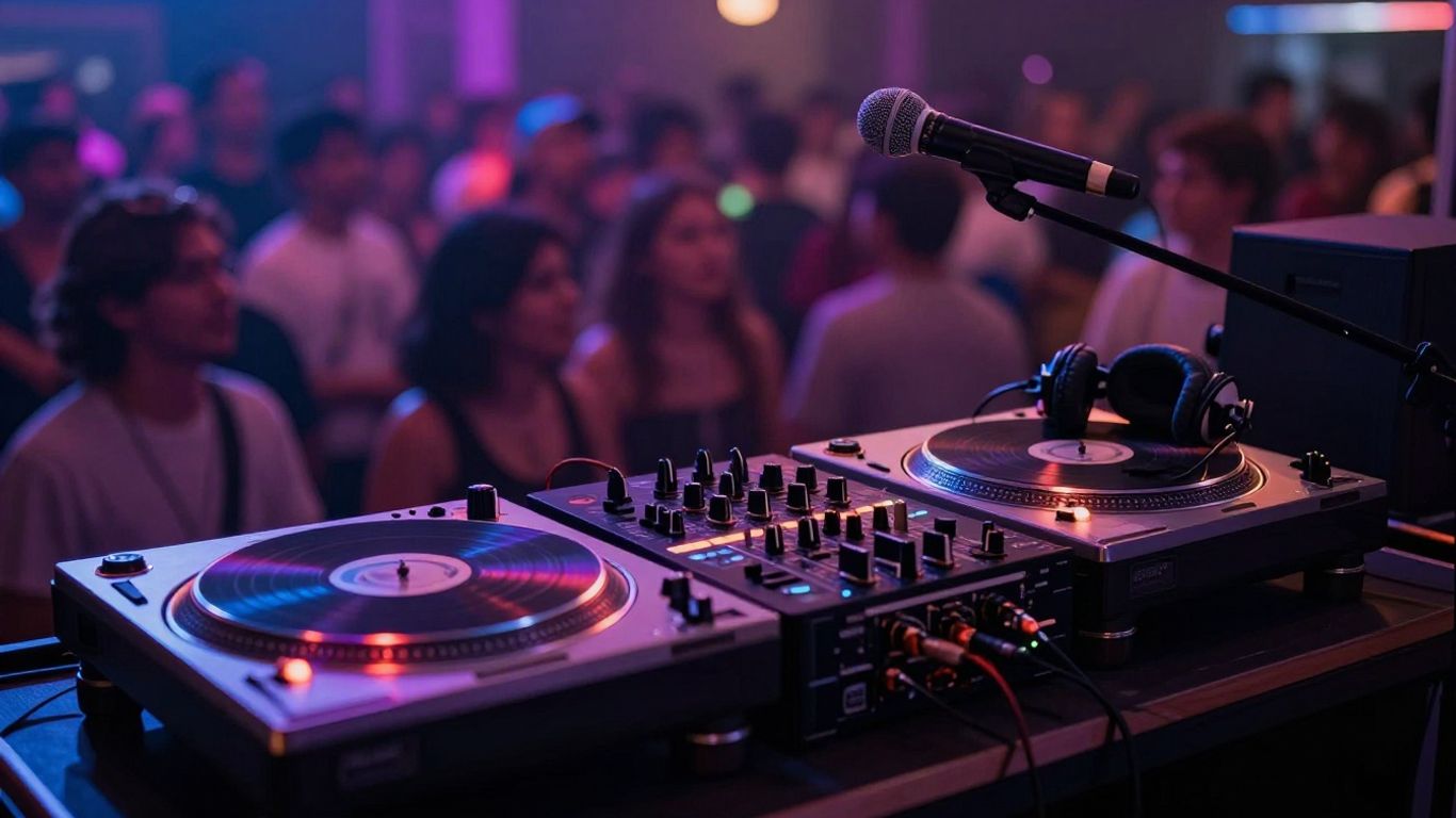 DJ setup at a lively event with lights and crowd.