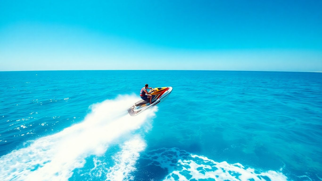 Person jet skiing, spraying water, blue ocean, sunny sky.