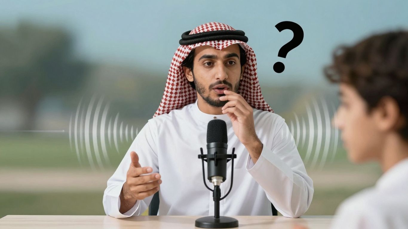 Personne parlant dans un microphone, ondes sonores, point d'interrogation