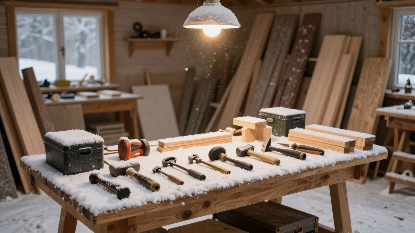 Winterprojekt Werkstatt mit Werkzeugen und Holz