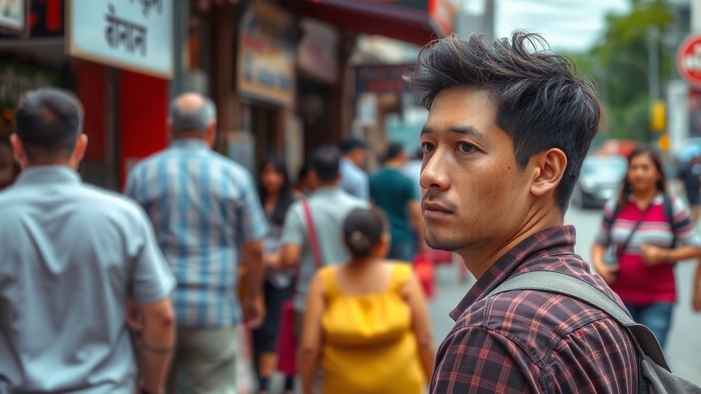 Person observing a busy street scene thoughtfully.