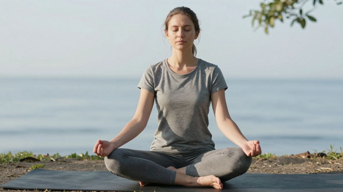 Person meditiert in ruhiger Natur, digitale Auszeit.