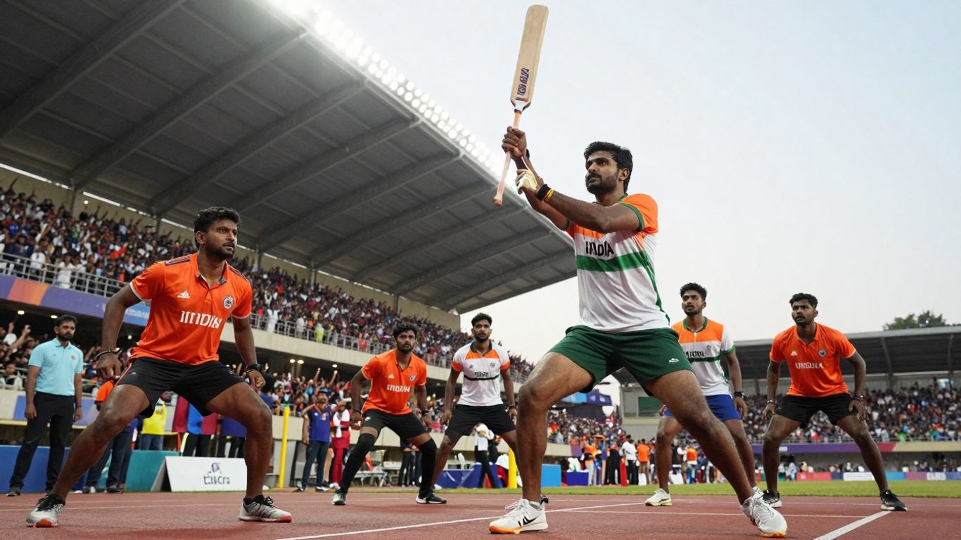 Indian athletes competing with a cheering crowd in the background.