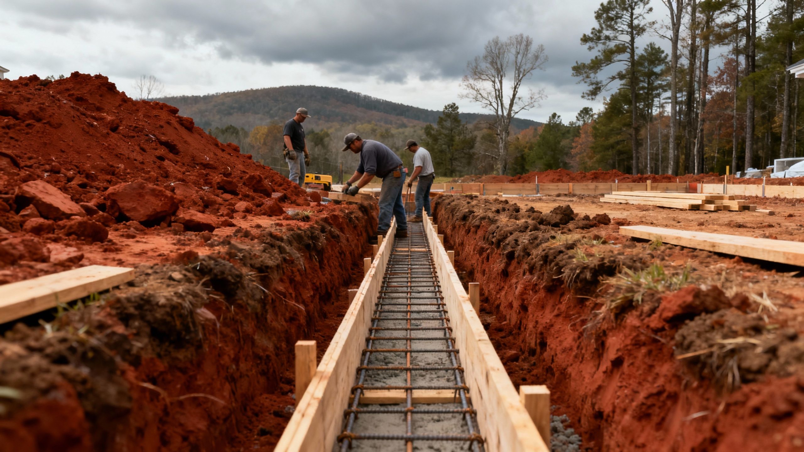 Workers preparing footing trench with rebar and formwork