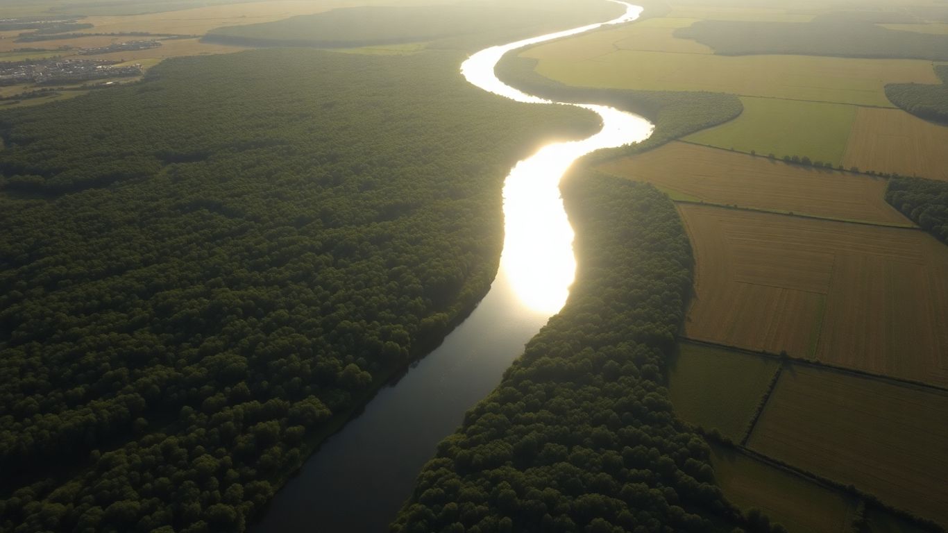 Drone view of a green landscape with a river.