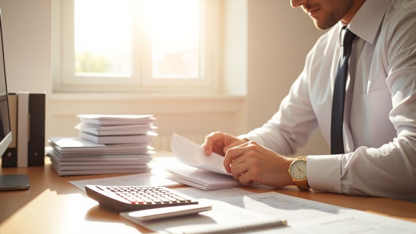 Contabilista a analisar documentos financeiros.