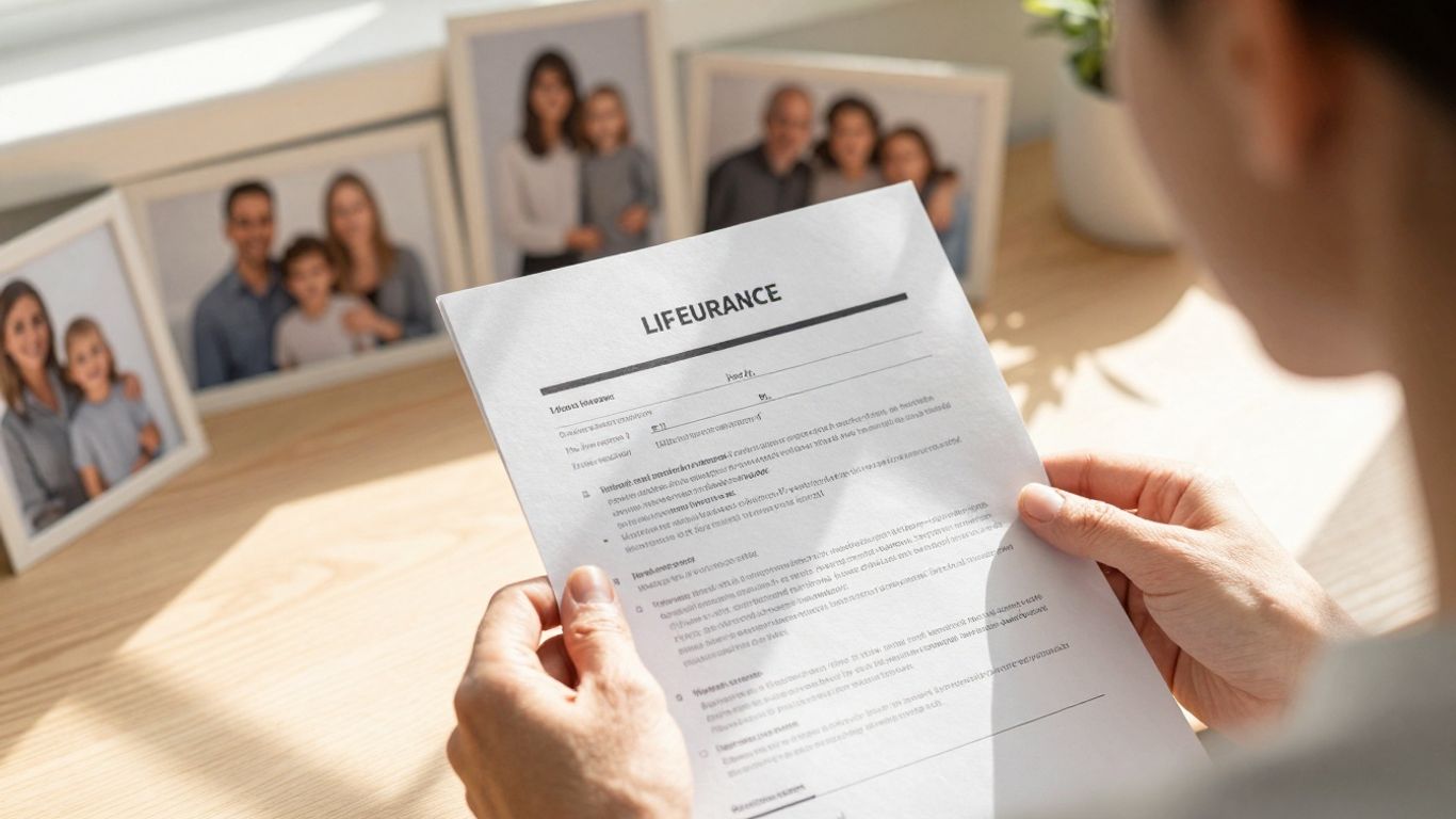 Person reviewing life insurance policy with family photos.