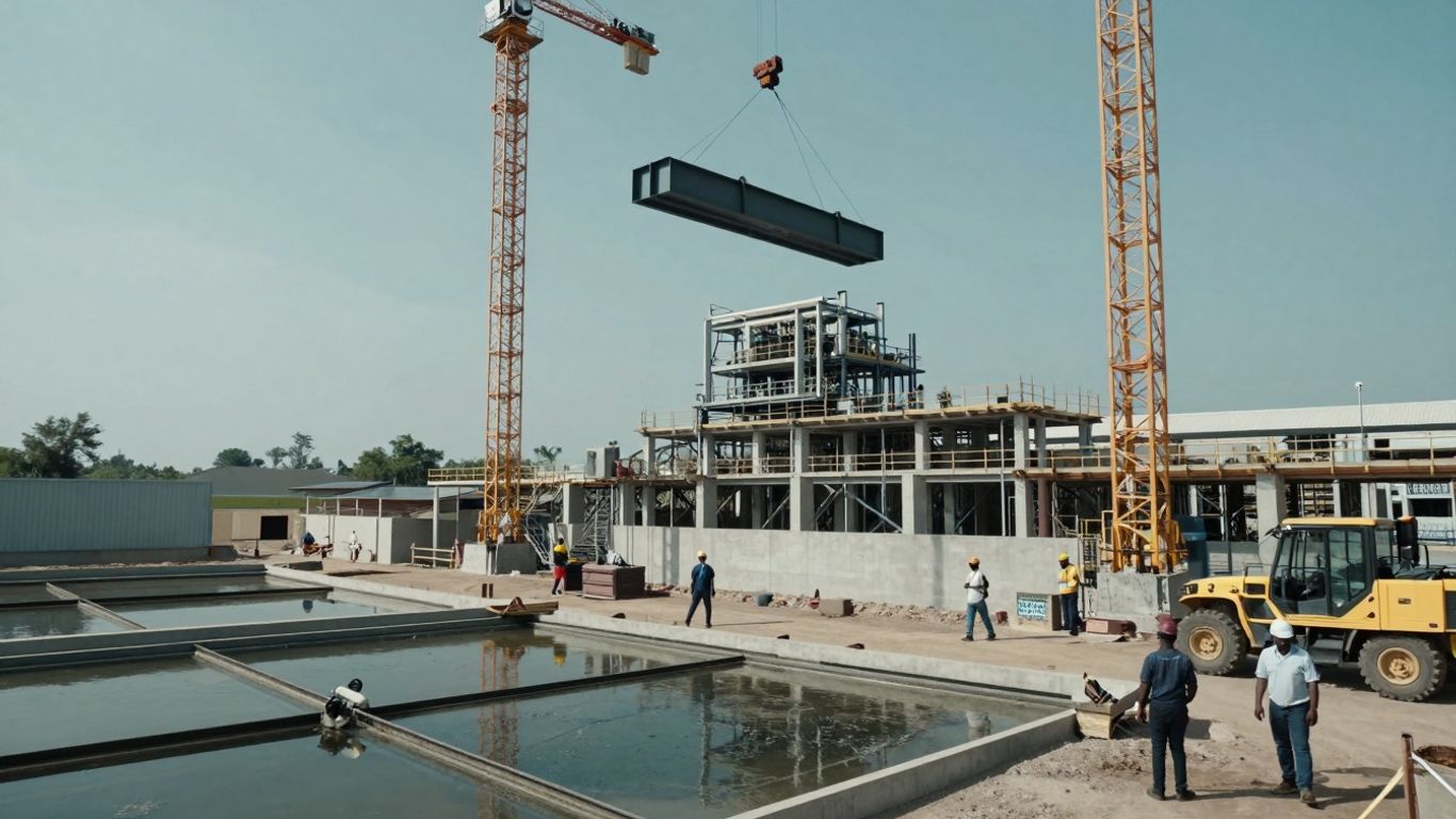 Wastewater treatment plant construction site with cranes and machinery.