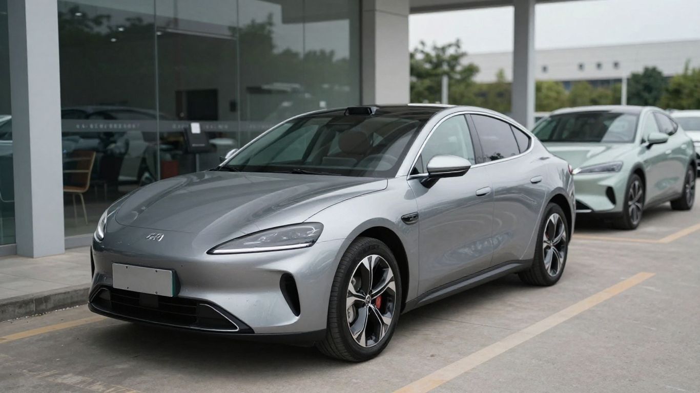 Modern car in dealership lot under daylight