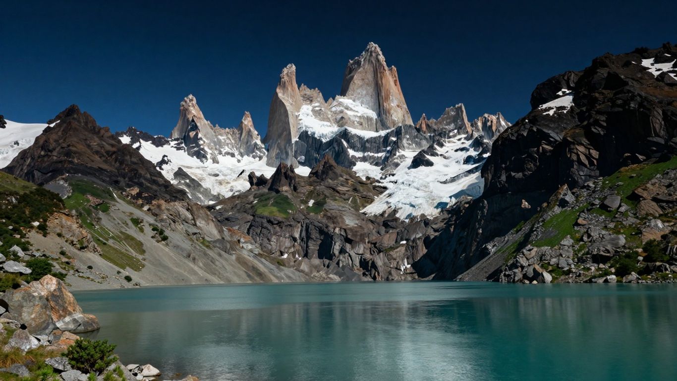 Patagonia peaks reflected in a glacial lake.