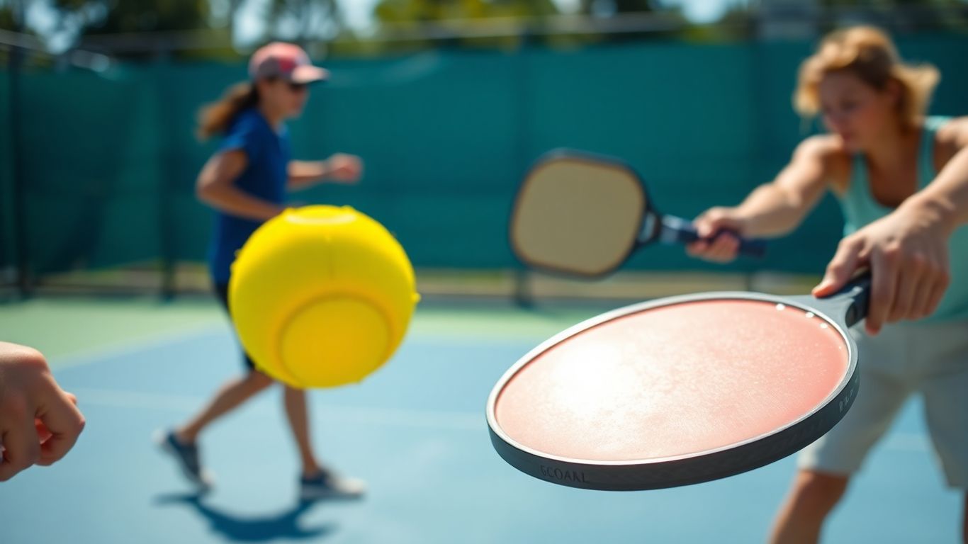 Pickleball game in action with paddles and ball.