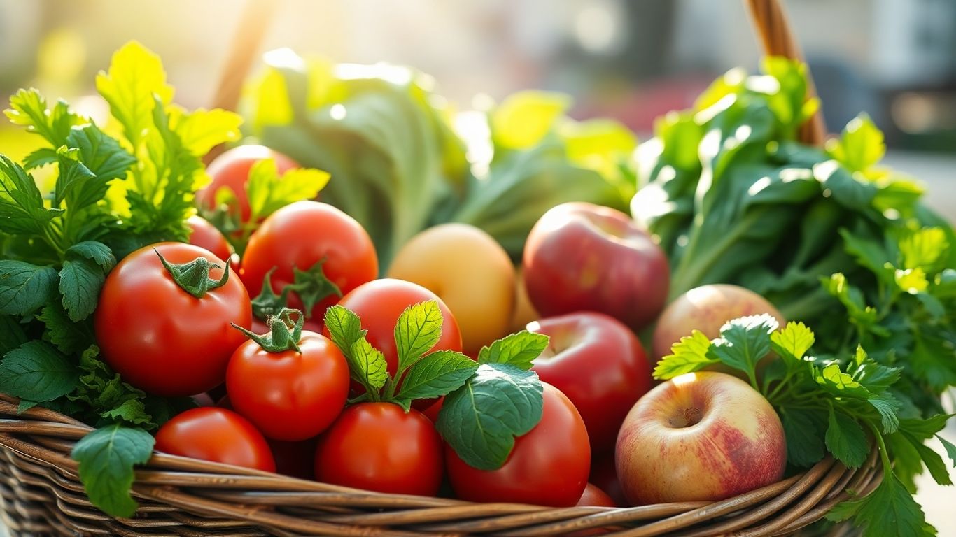 Coș de cumpărături plin cu fructe și legume proaspete.
