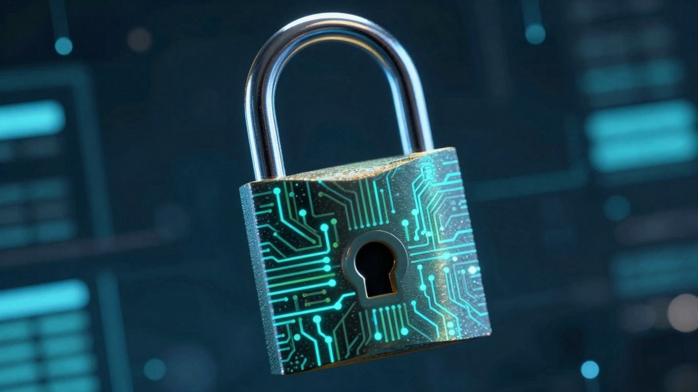 Digital padlock on a circuit board background