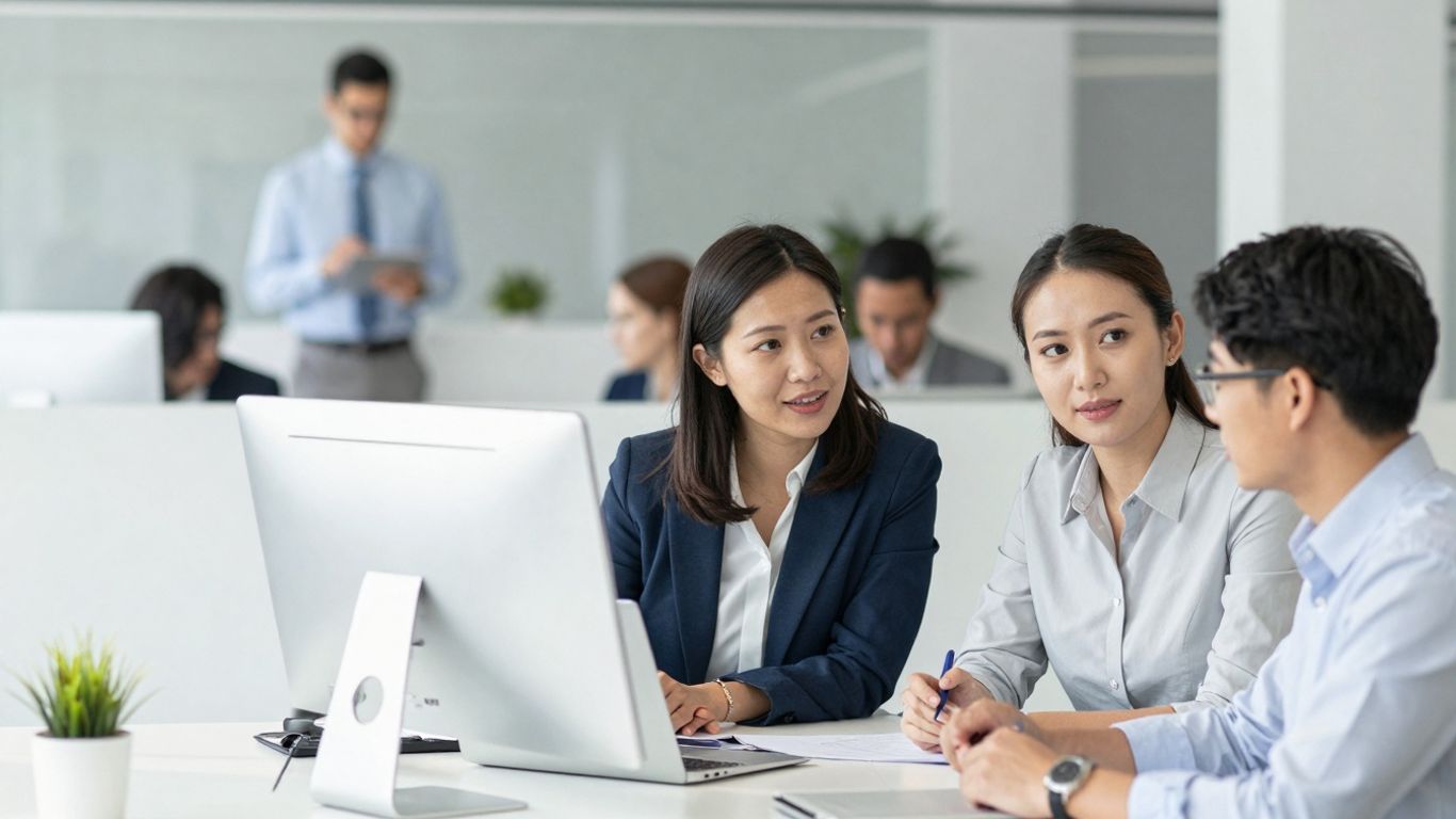 Business professionals collaborating in a bright, modern office space.