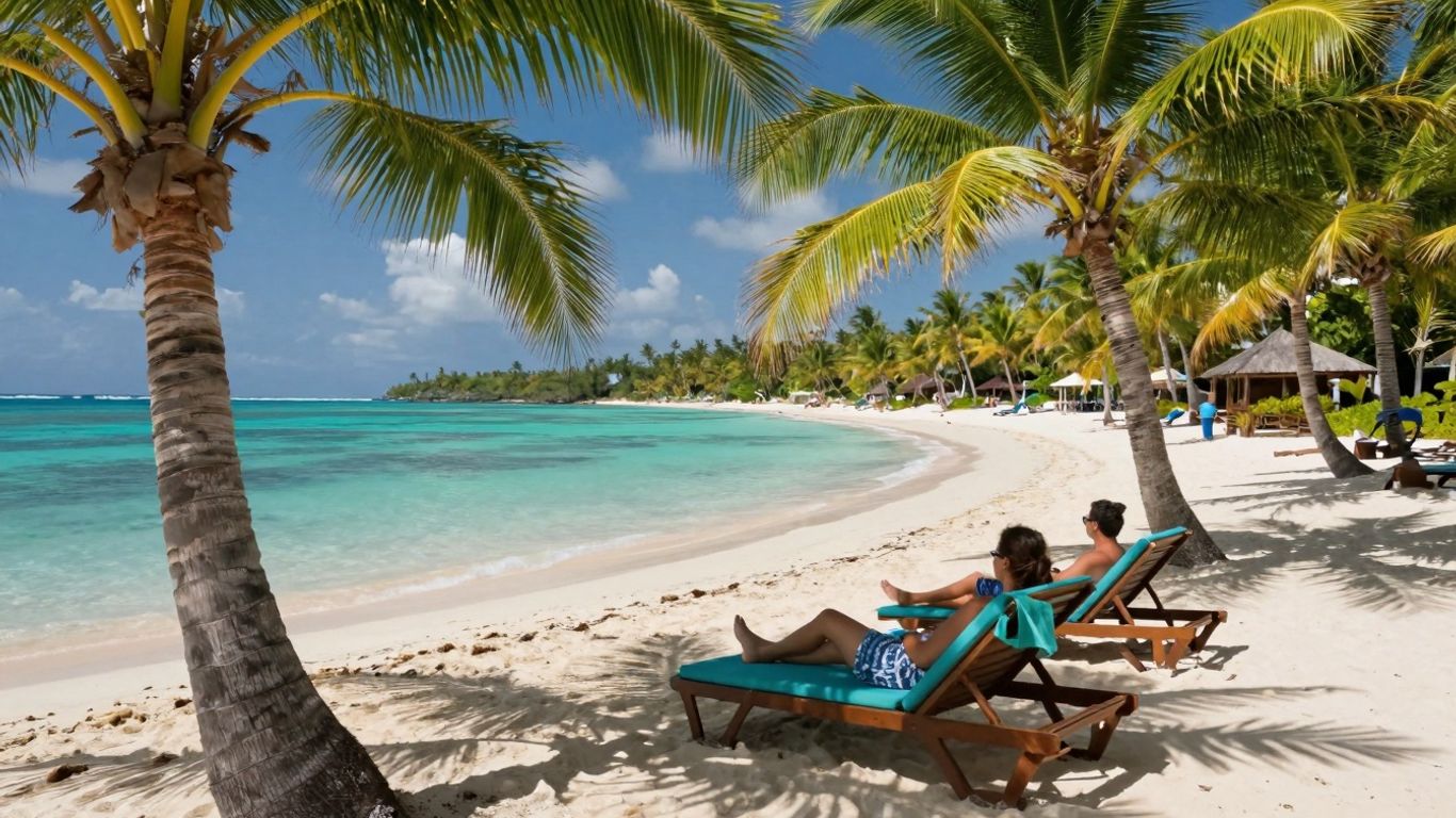 Tropical beach with palm trees and relaxing couple.