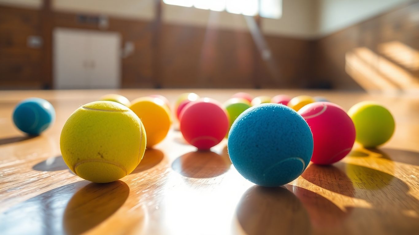 Indoor pickleball balls on a wooden court.
