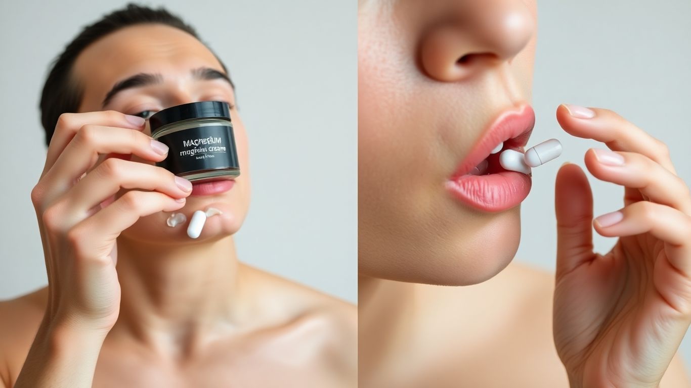 Person applying cream and taking magnesium pill
