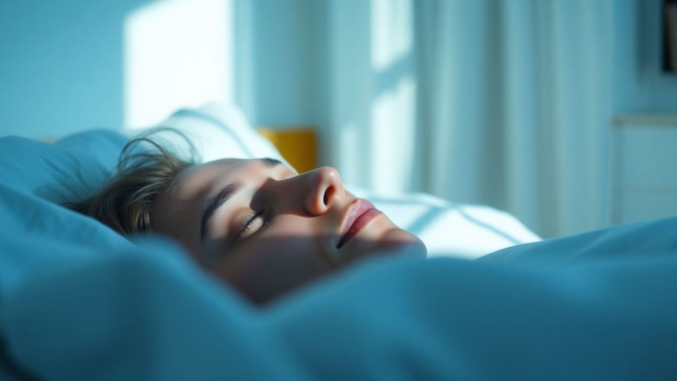 Person sleeping peacefully in a calm, softly lit bedroom.