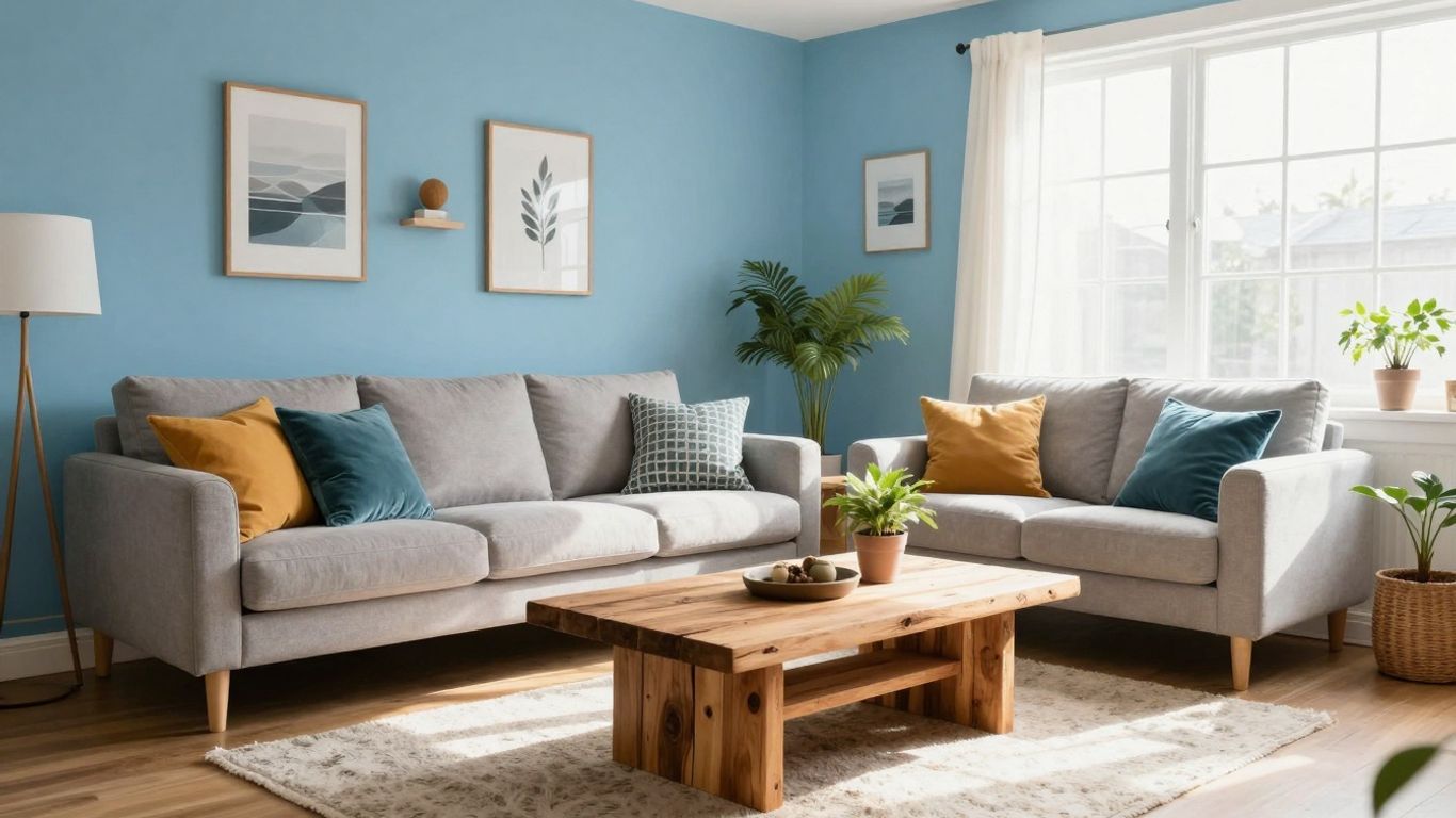 Budget Airbnb living room makeover with blue wall and sofa.
