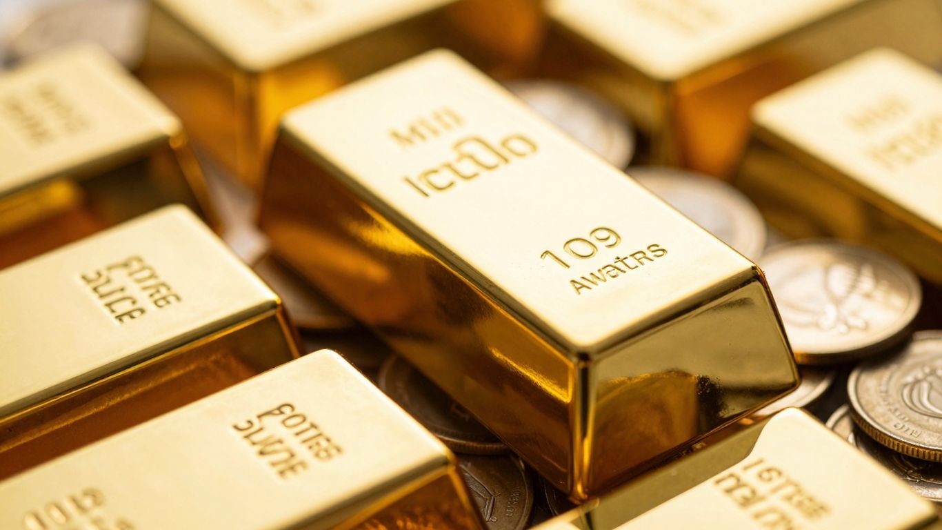 闪亮的金条和金币。