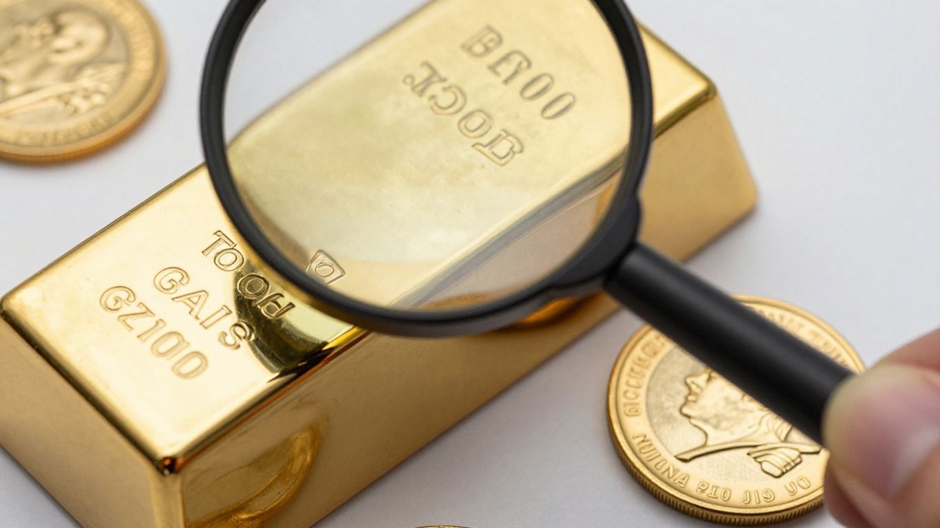 放大镜下的金锭，旁边是一枚金币。