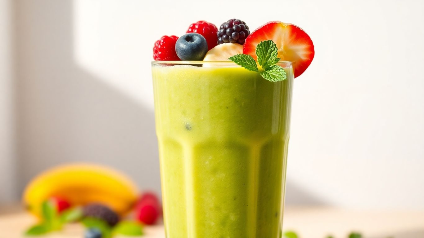 Healthy green breakfast smoothie with fresh fruit.