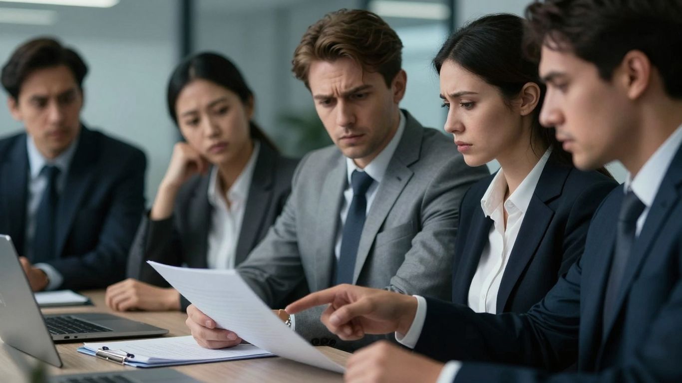 Business people looking concerned about insurance compliance documents.