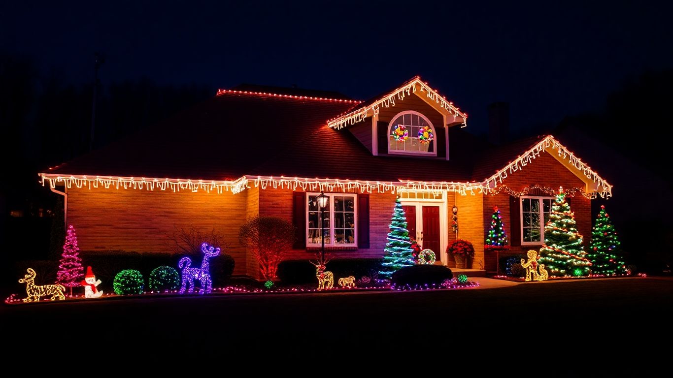 House decorated with Christmas lights for the holidays.