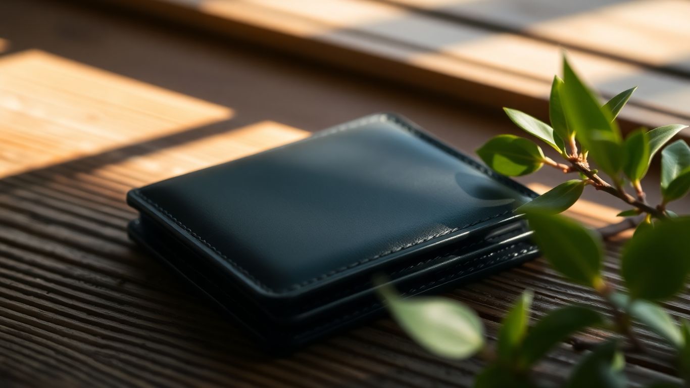 Black wallet on wood with green foliage, woody perfume visual.