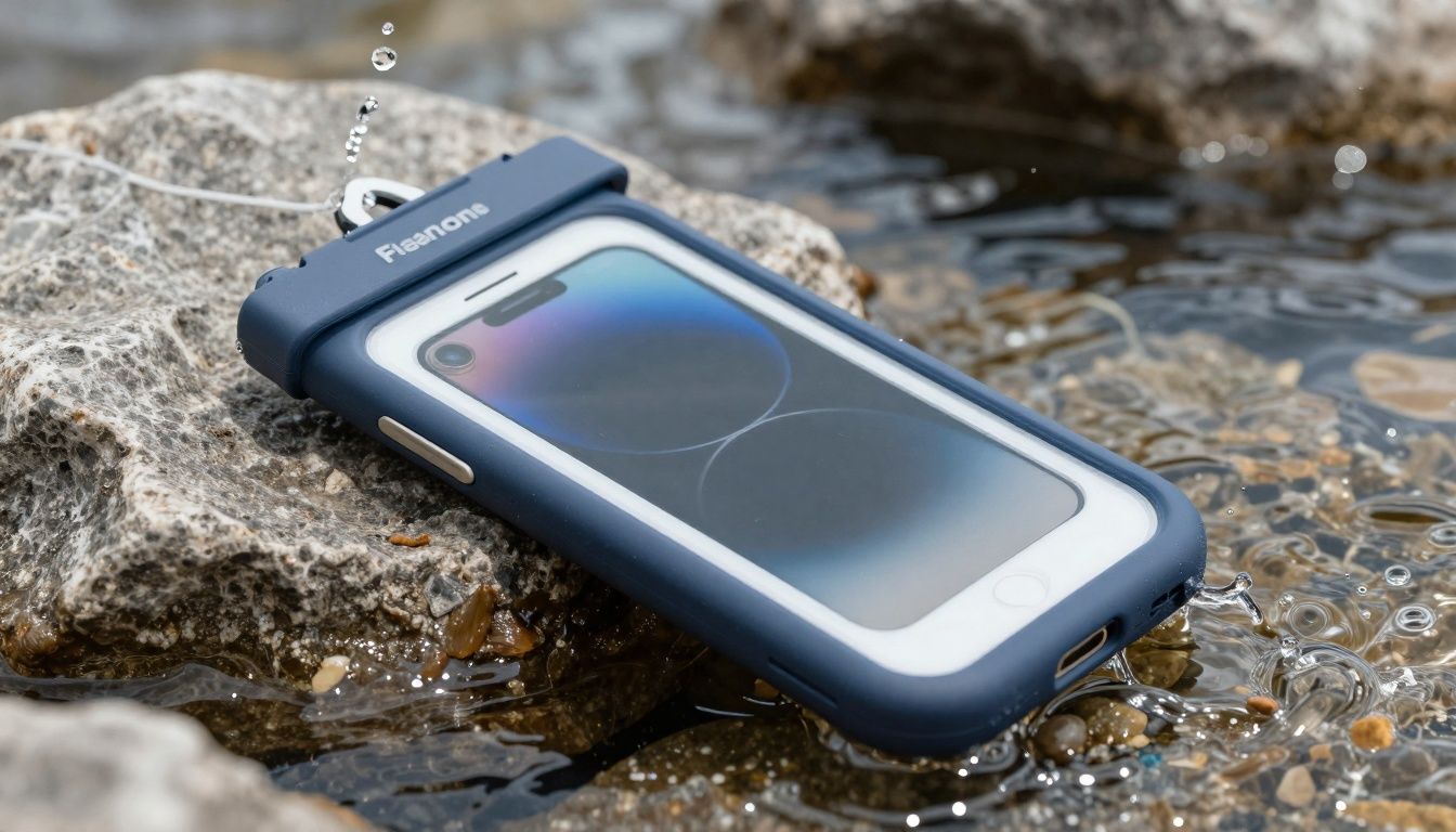 Generic waterproof smartphone case protecting a phone from splashes on a rocks near water